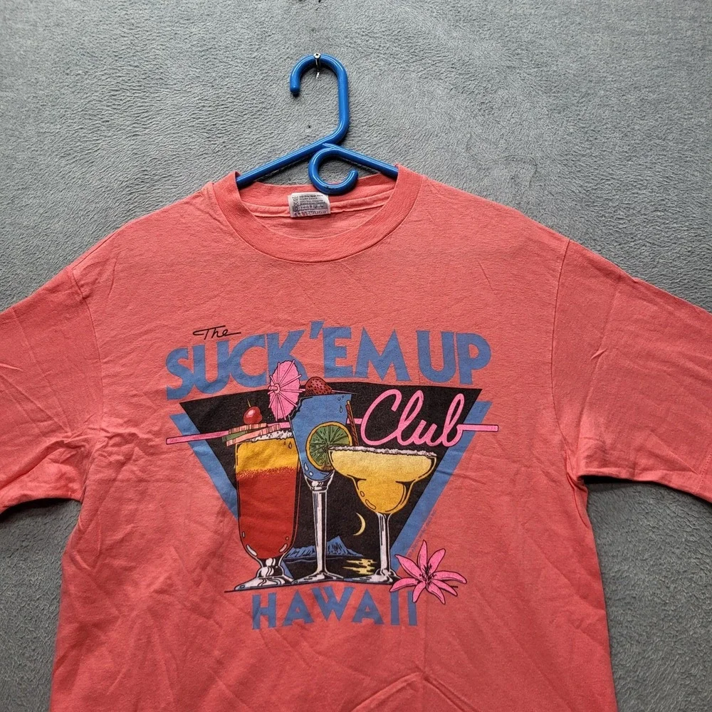 VINTAGE Hawaii Men Shirt L Single Stitch Cocktail Glasses Suck Em Up Club 80s US